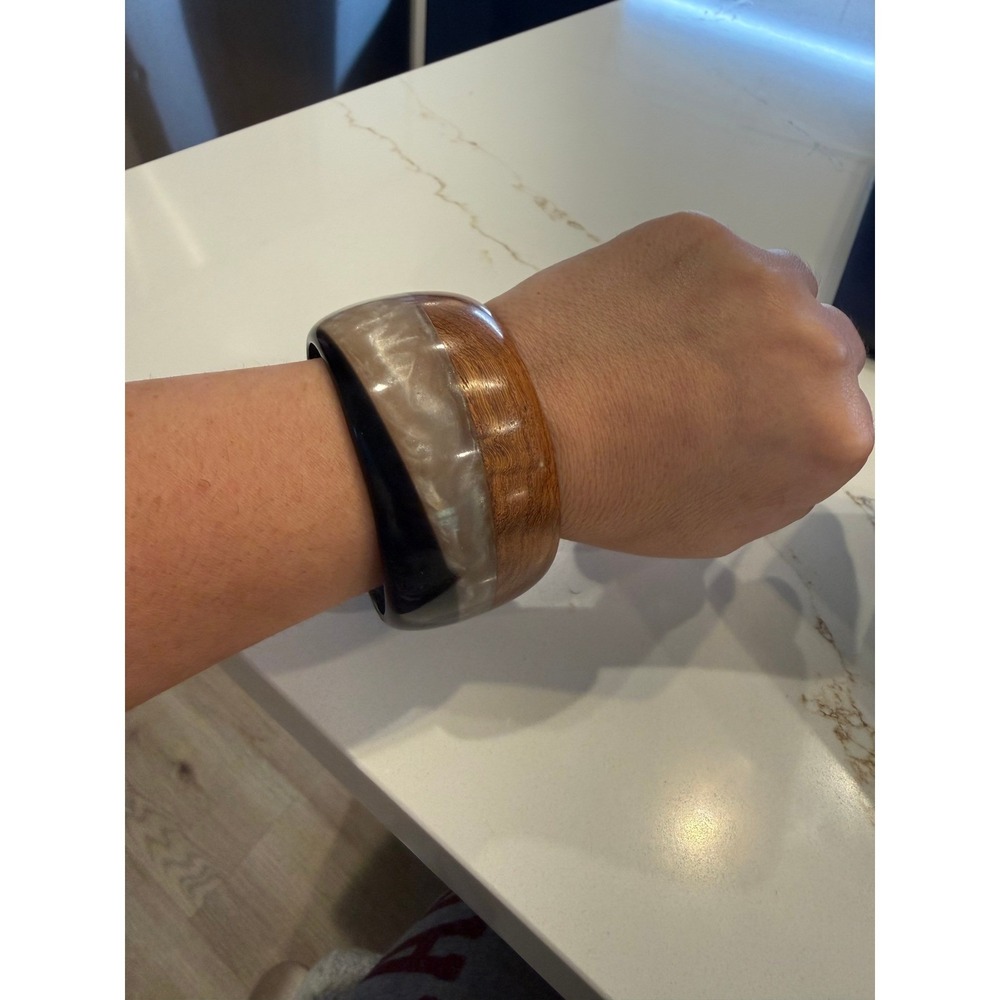 Wide Wood Resin Bangle Bracelet Brown Black Cream Statement Boho Artisan Cuff - Picture 4 of 6